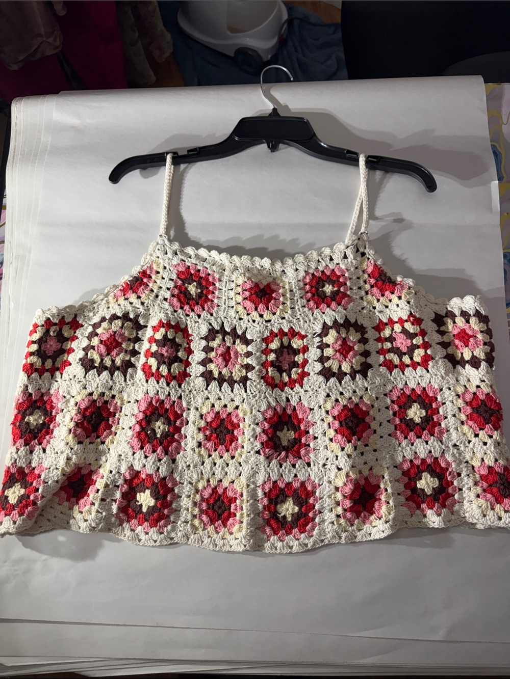 Lucky Brand XL Cream red Crochet boho Cami tank Top with Pink & Brown Accents
